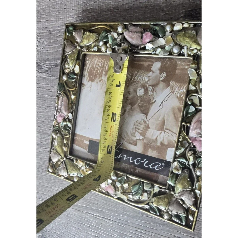 Amora Metal Photo Frame Butterfly  Enameled  Pearls 4x4 Photo